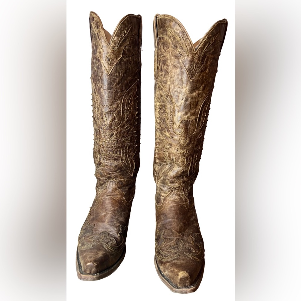 Vintage Women’s Corral Brown Leather Distressed Eagle Overlay Boots Size 7.5